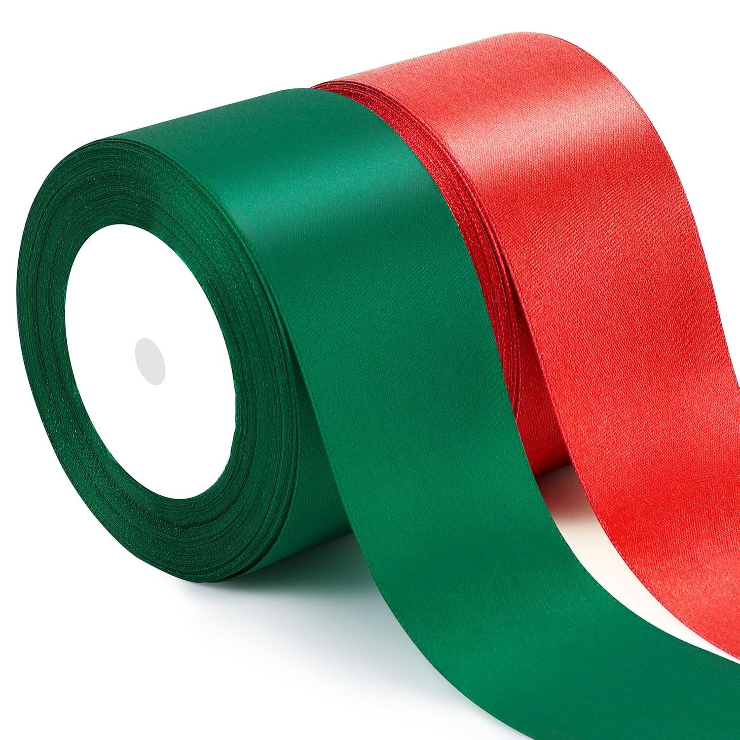NEW 2 Rolls Satin Christmas Ribbon 50 Yards Red &amp; Green