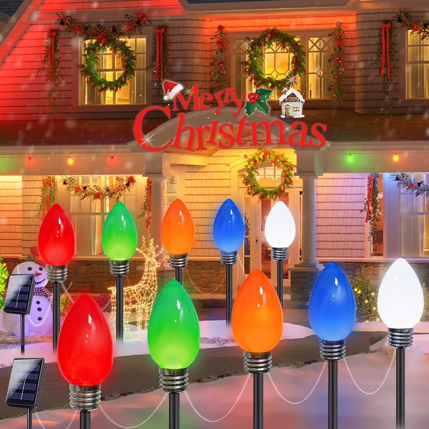 NEW 10 Pack Jumbo C9 Solar Stake Christmas Lights Outdoor Decorations