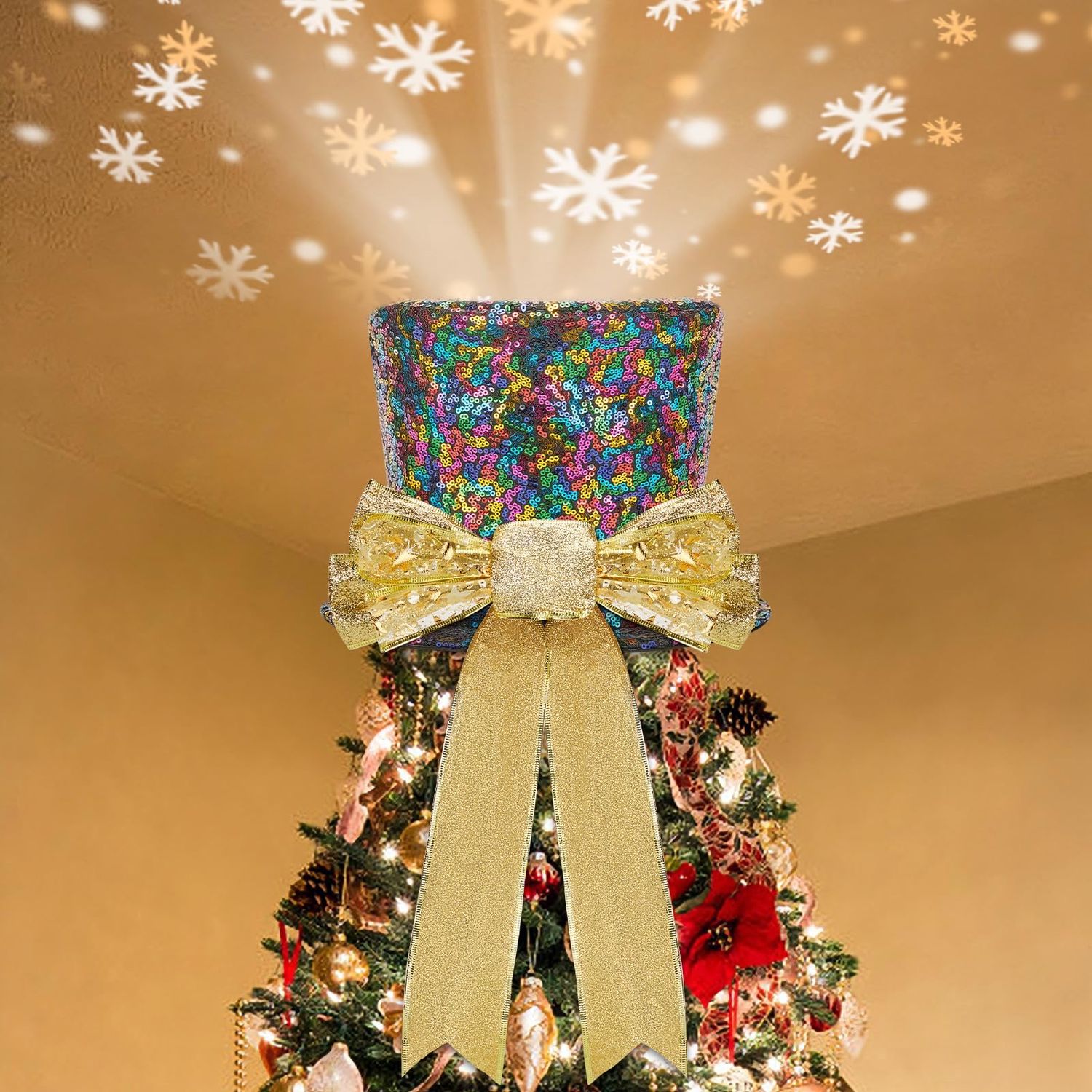 NEW Christmas Tree Topper Hat with 3D Snowflake Projection Light Sequin
