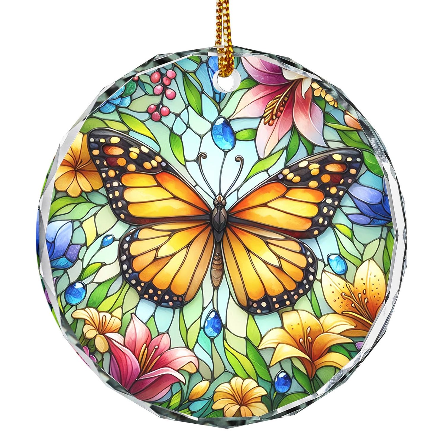 NEW Christmas Glass Ornament Monarch Butterfly Floral