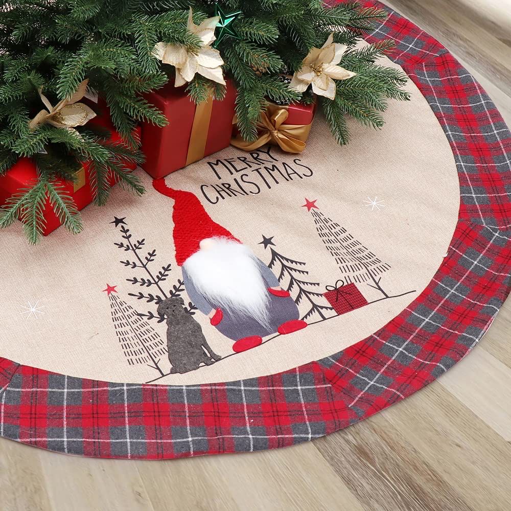 NEW Rustic Burlap Christmas Tree Skirt Plaid Gnome 48”