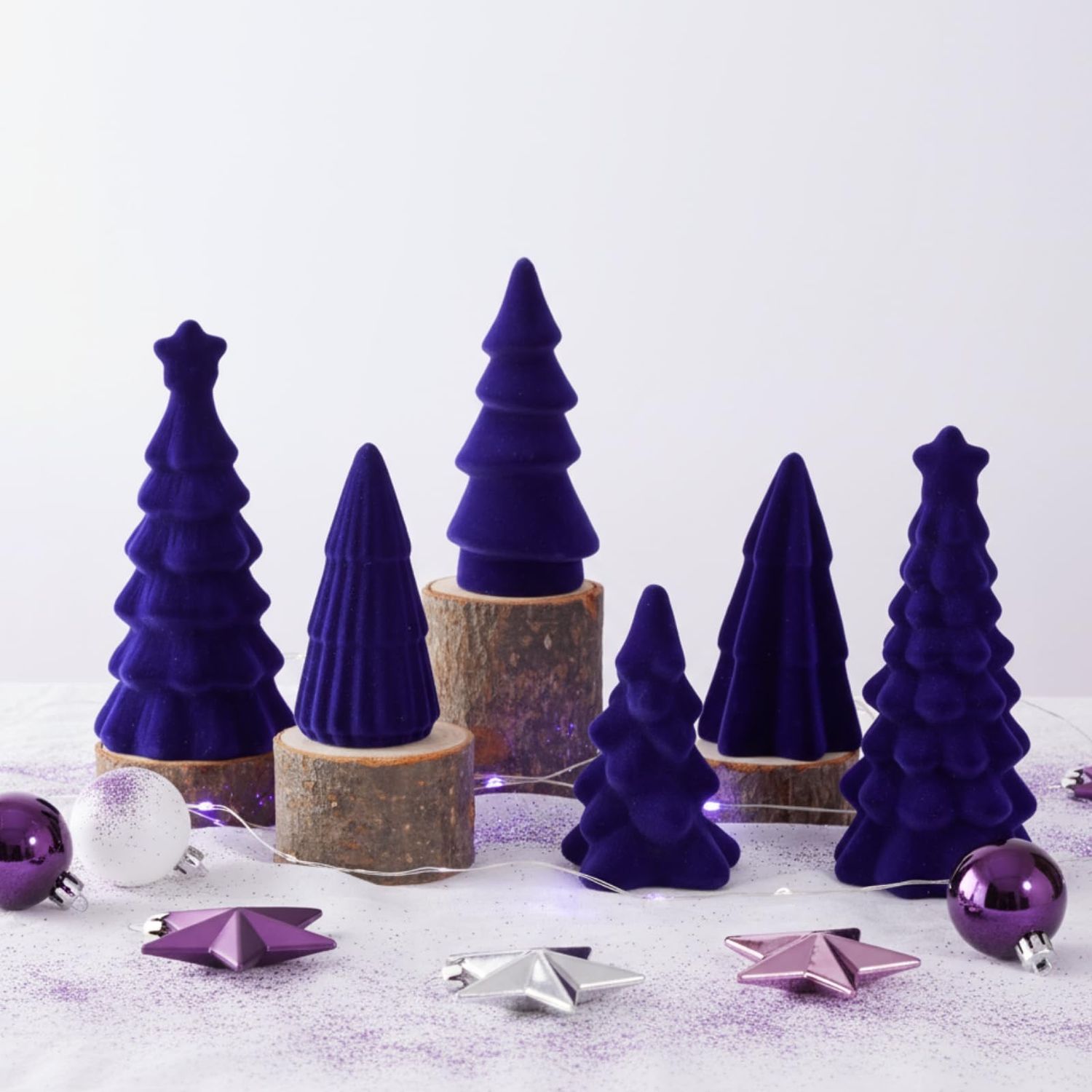 NEW 6 Pack Christmas Ceramic Velvet Trees Decorations Purple
