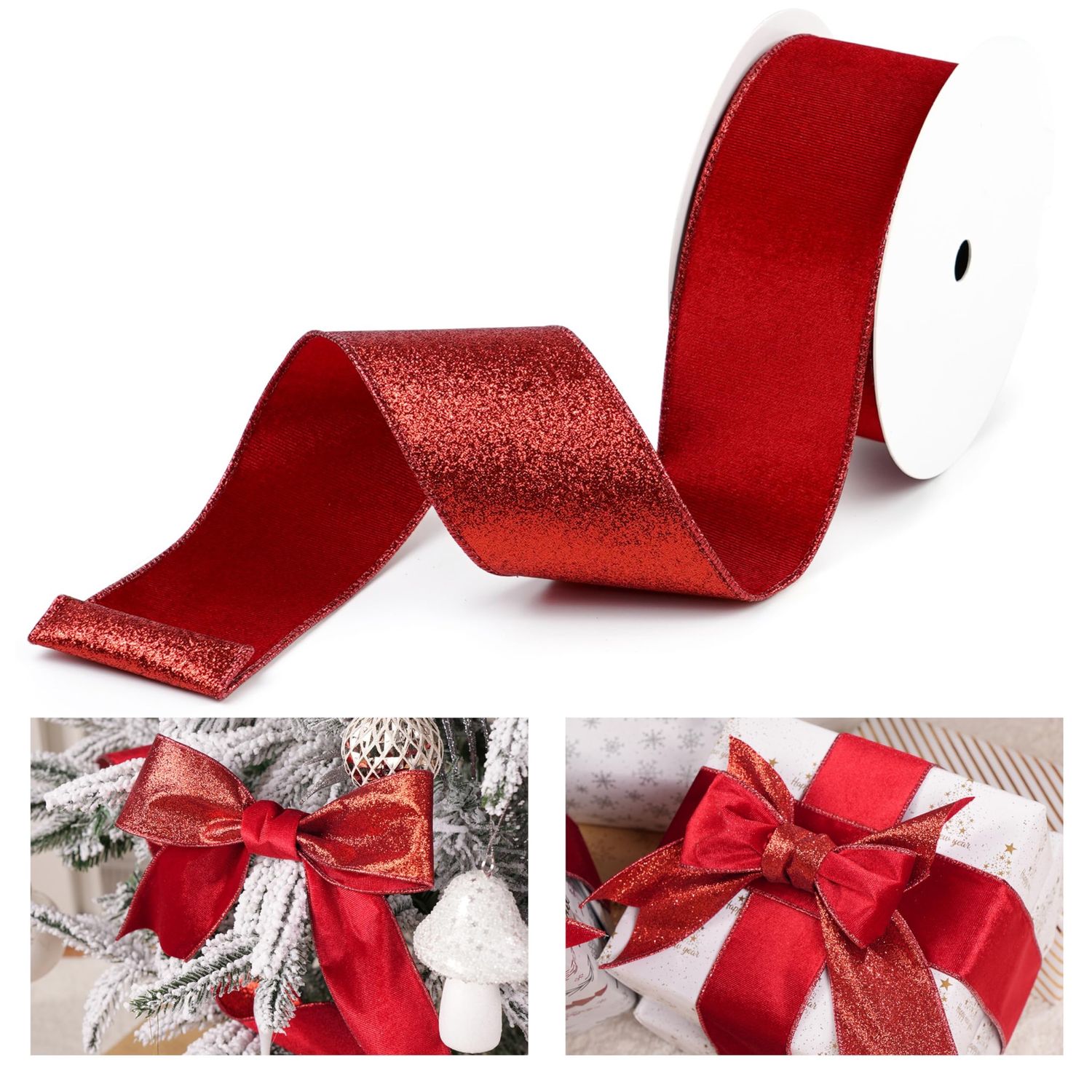 NEW Red Velvet Wired Christmas Ribbon with Glitter Back