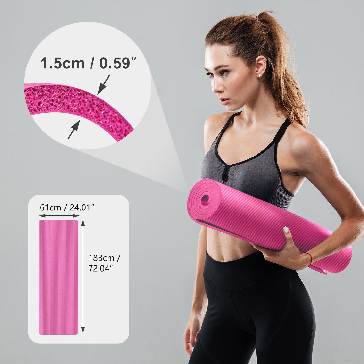 15mm Thick NBR Pure Color Anti-skid Yoga Mat 183x61x1.5cm Pink
