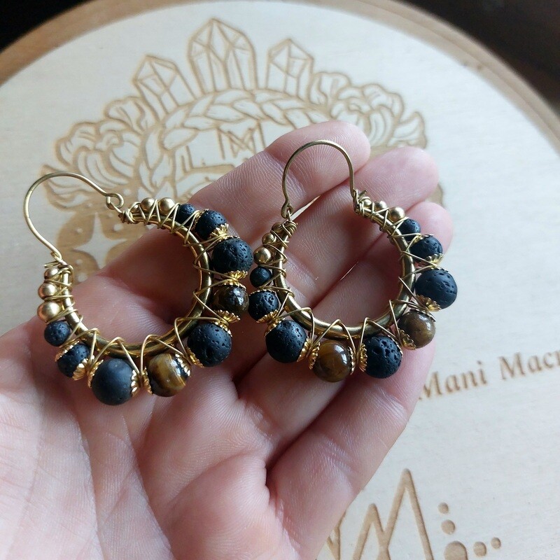 Golden brass earrings tiger eye