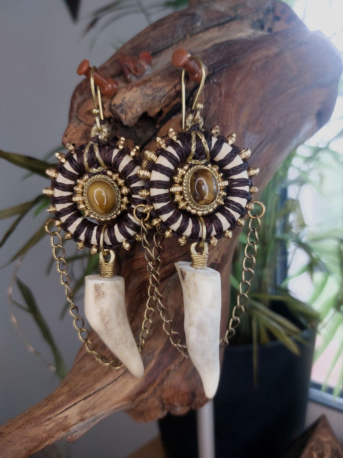 Deer Antler &amp; Tiger Eye Earrings