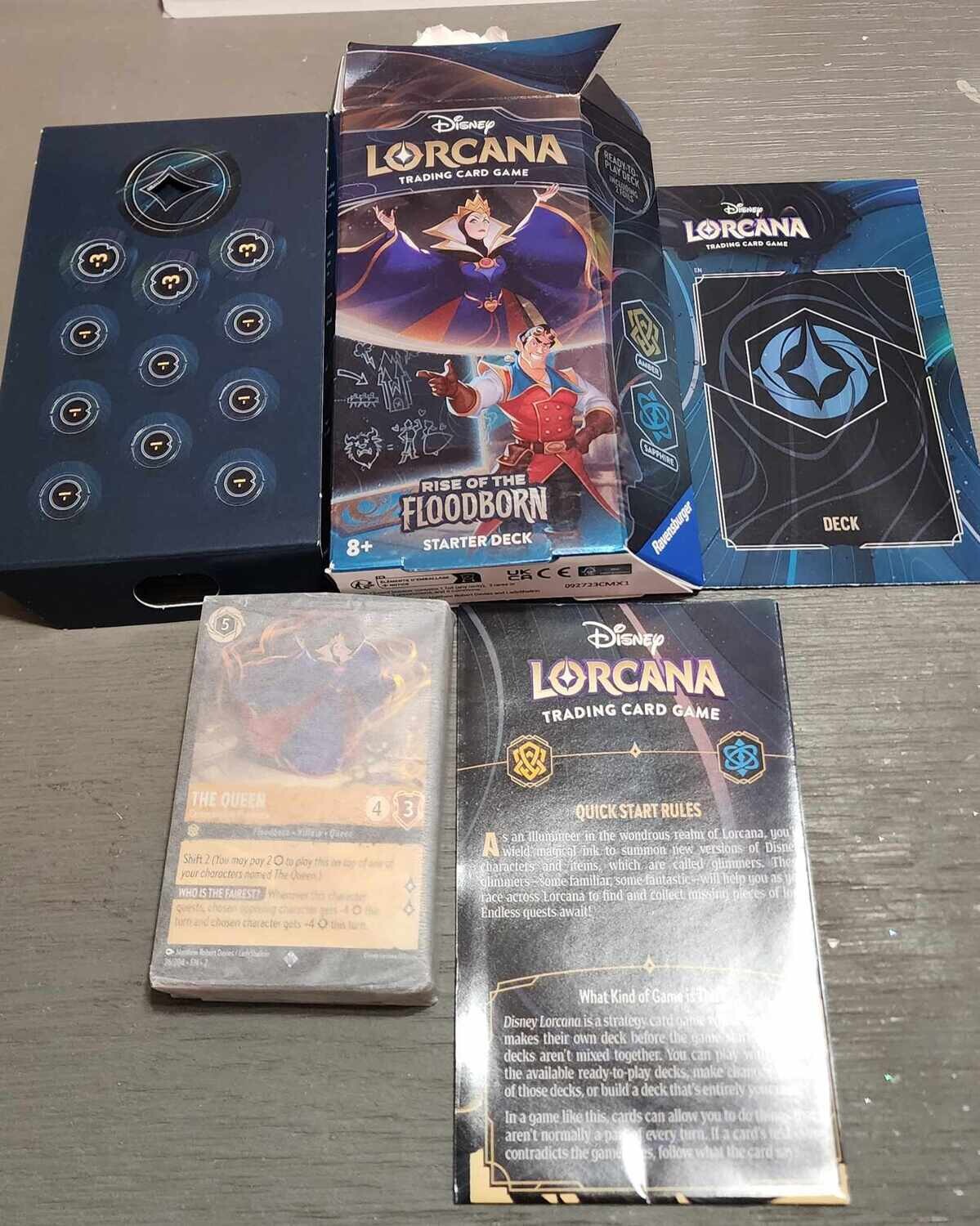 Disney Lorcana Rise Of The Floodborn Amber &amp; Sapphire Starter Deck *Opened Does Not include Booster Pack*