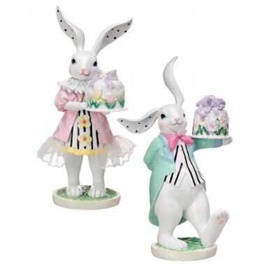 RESIN BUNNIES WITH MINI CAKES SET OF 2 9&quot; Easter Decor