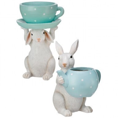 RESIN BUNNIES WITH TEAPOT &amp; CUP SET OF 2 8.75-9.25&quot; Easter Decor