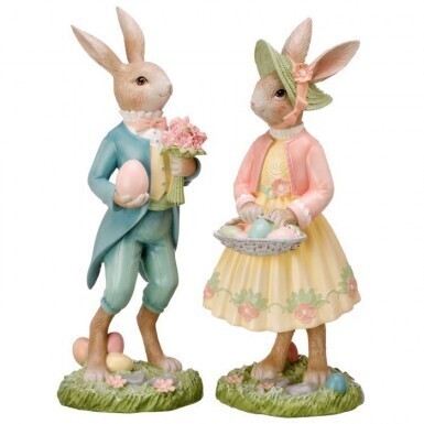 RESIN DRESSED BUNNIES WITH EGG SET OF 2 16&quot; Easter Decor