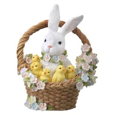 RESIN BUNNY AND CHICKS IN FLOWER BASKET 9.25&quot; Easter Decor