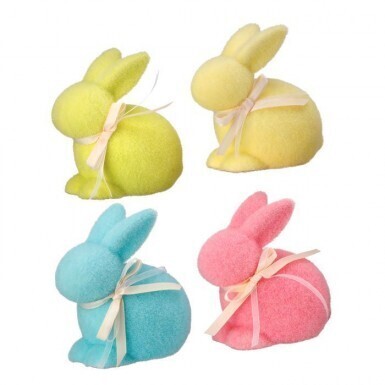 FLOCKED STYROFOAM EASTER BUNNIES WITH RIBBON SET OF 4 6.25&quot; Easter Decor *SHIPS WITHIN 15 DAYS OF ORDERING*