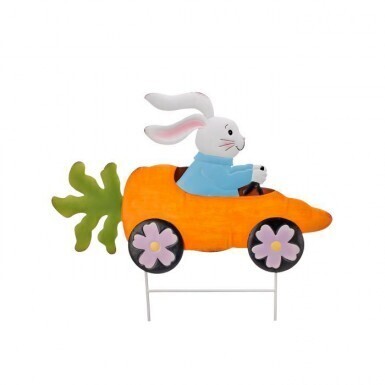 METAL BUNNY IN CARROT CAR STAKE 22&quot;X21 Easter Decor