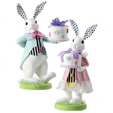 STYROFOAM DRESSED BUNNIES WITH CAKE 15.75&quot;  Easter Decor
