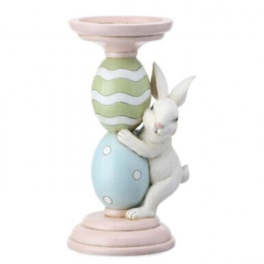 RESIN SUGARDED BUNNY &amp; EGG CANDLE HOLDER 8.75&quot; Easter Decor