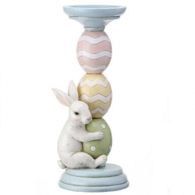 RESIN SUGARDED BUNNY &amp; EGG CANDLE HOLDER 12&quot; Easter Decor