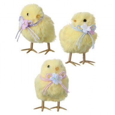 PLUSH CHICKS WITH FLOWERS SET OF 3 4" Easter Decor
