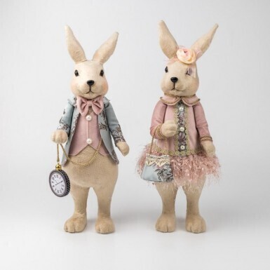 ELEGANT DRESSED FOAM/FABRIC BUNNY COUPLE SET OF 2 20&quot; Easter Decor