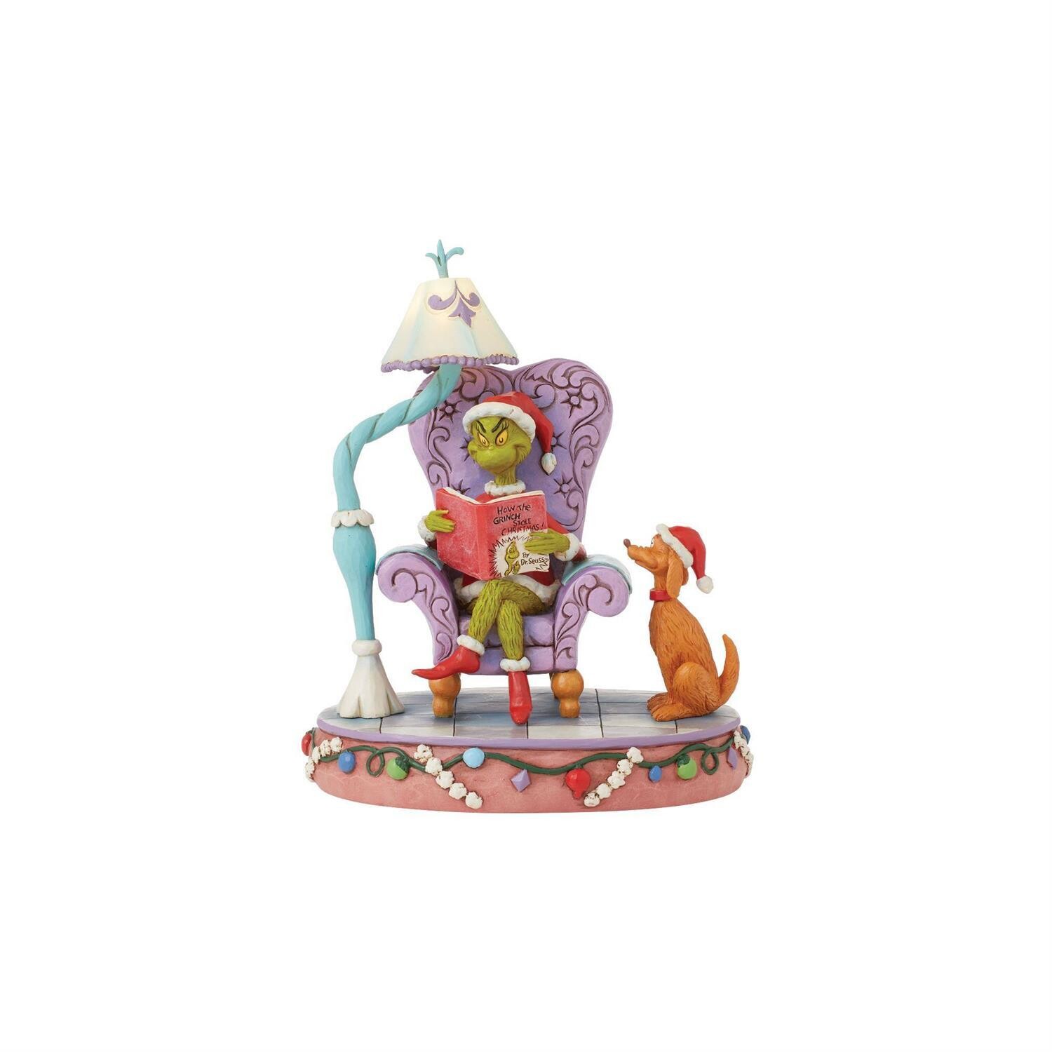 Grinch in Chair Reading Book With LED Lamp By: The Grinch Jim Shore NEW 2024 *SHIPS WITHIN 10 DAYS*