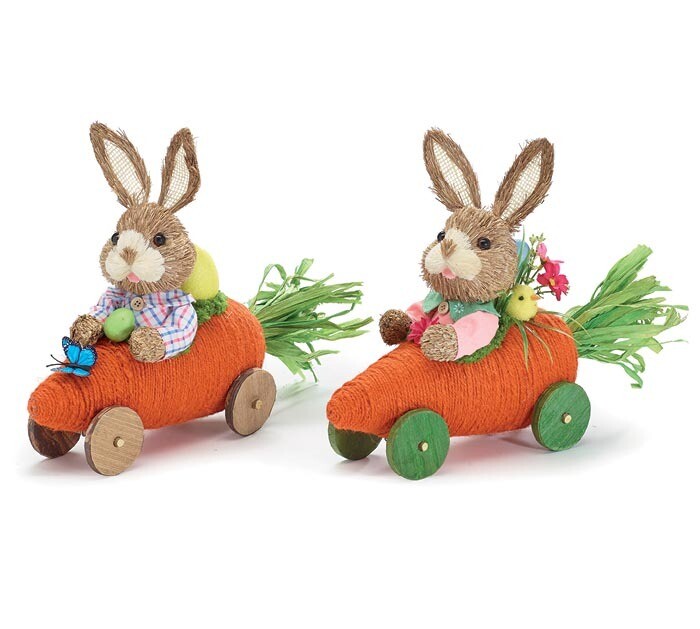 SISAL BOY AND GIRL BUNNIES IN CARROT CAR 12&quot; Easter Decor
