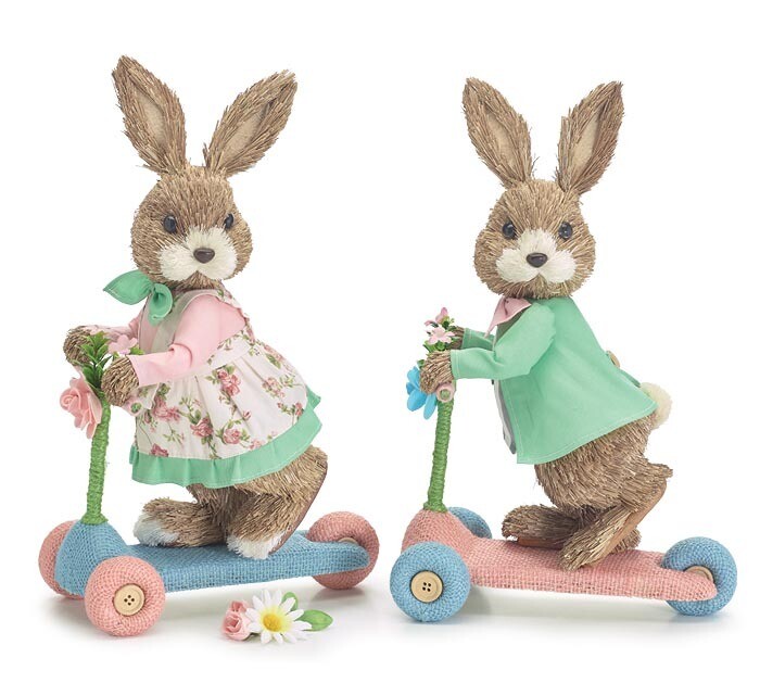 SISAL BUNNY COUPLE ON SCOOTERS 14&quot; Easter Decor