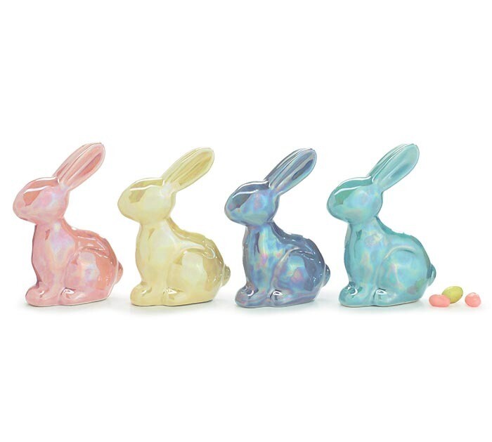ASSORTED SOLID PEARLIZE BUNNY FIGURINE Set Of 4 4.25&quot; Easter Decor