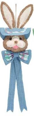 BURLAP AND FABRIC HANGING BUNNY HEAD BLUE PLAID  35&quot; Easter Decor