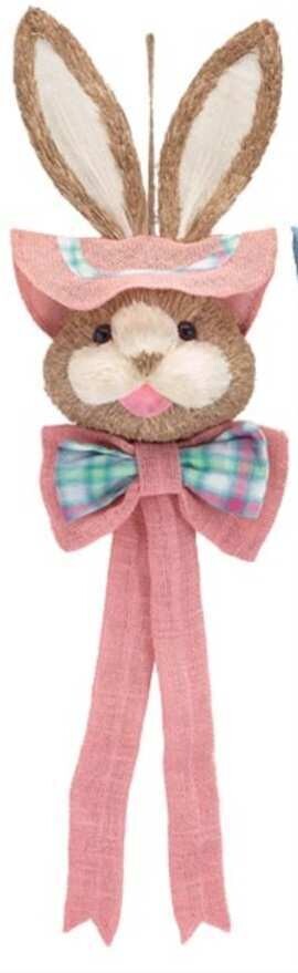 BURLAP AND FABRIC HANGING BUNNY HEAD PINK PLAID 35&quot; Easter Decor
