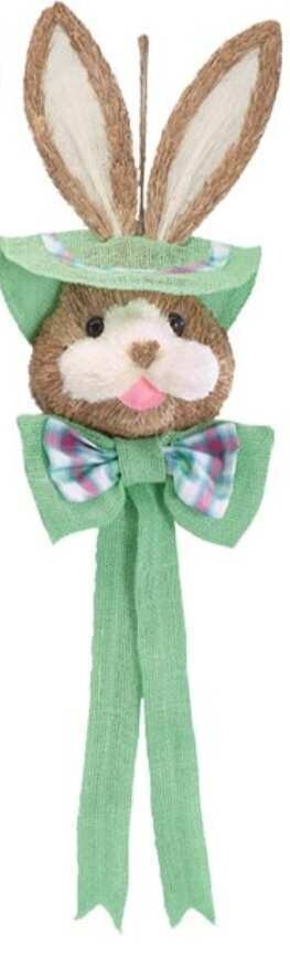 BURLAP AND FABRIC HANGING BUNNY HEAD GREEN PLAID  35&quot; Easter Decor