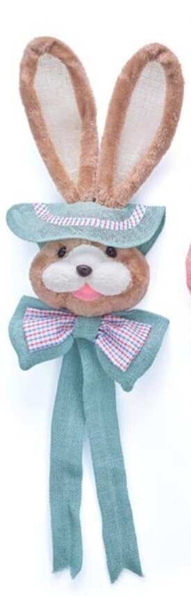 BURLAP AND FABRIC HANGING BUNNY HEADS BLUE GINGHAM 35&quot; Easter Decor