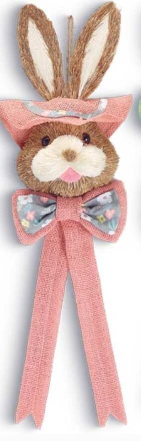 SISAL BUNNY HEAD WITH BURLAP HATS/BOWS PINK 25&quot; Easter Decor