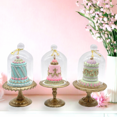 3 Assorted, 7.5&quot; Cakes In Cloche Ornaments Easter Decor *SHIPS WITHIN 10 DAYS*