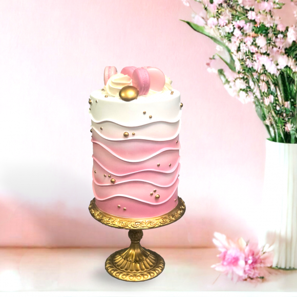 Pink Cake With Macaron on Gold Pedestal Easter Decor *SHIPS WITHIN 15 DAYS*