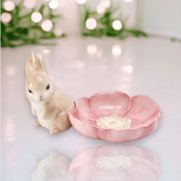 Bunny w/Pink Petal Bowl Easter Decor *SHIPS WITHIN 15 DAYS OF ORDERING*