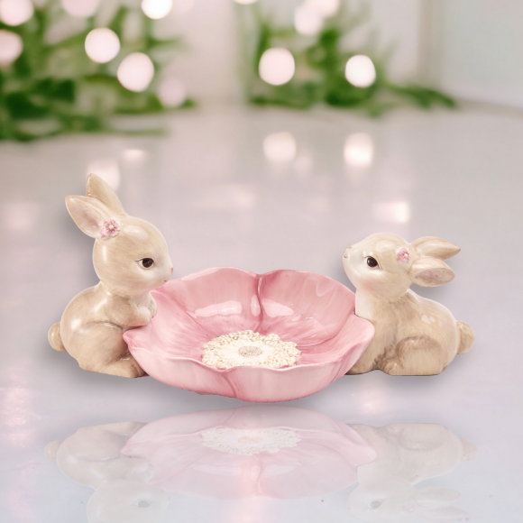 Bunny Couple w/Pink Bowl Easter Decor *SHIPS WITHIN 15 DAYS OF ORDERING*