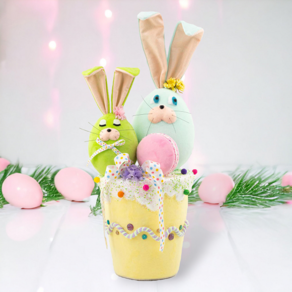 Egg Bunnies on Yellow Pot Easter Decor