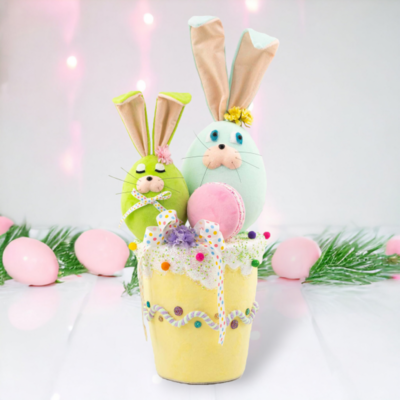 Egg Bunnies on Yellow Pot Easter Decor
