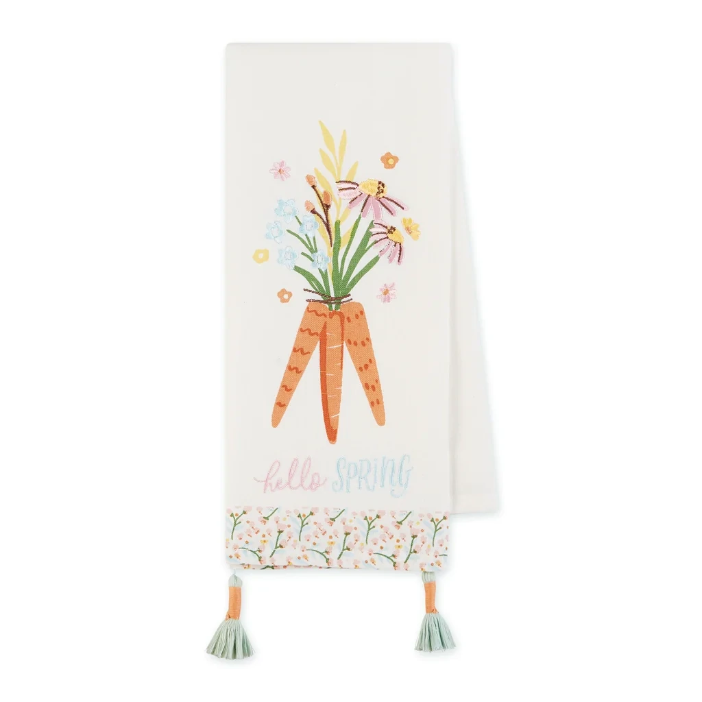 Hello Spring Carrot Embellished Dishtowel Easter Decor