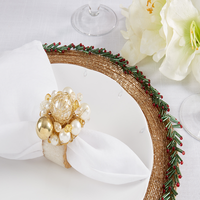 (SET OF 4) Gold Beaded Cluster Napkin Ring Tabletop Accents