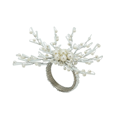 (SET OF 4) White Beaded Pearl Napkin Ring Tabletop Accents