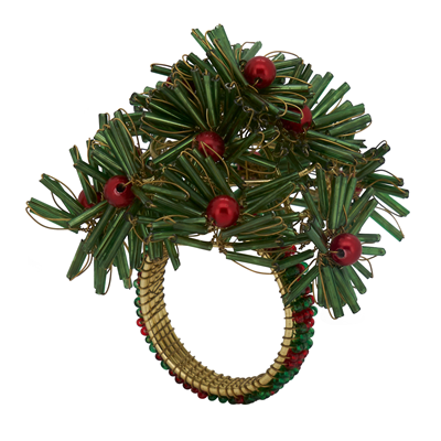 (SET OF 4) Holiday Beaded Flower Green Napkin Ring Tabletop Accents