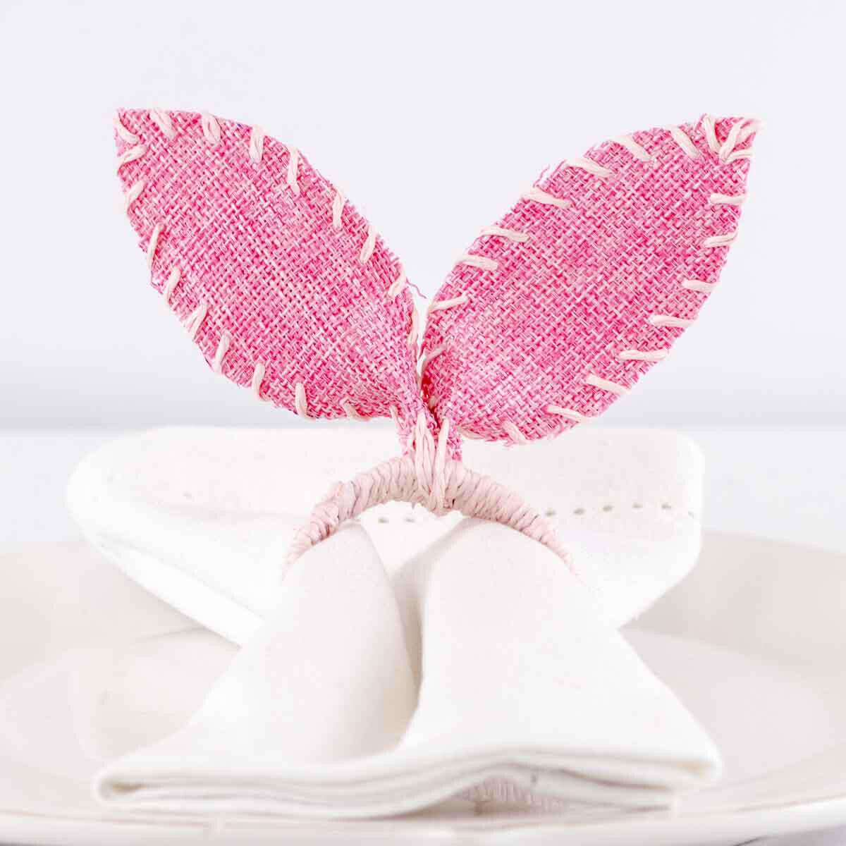 (SET OF 4) Pink Burlap Bunny Ears Napkin Ring Tabletop Accents