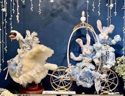 Elegant Blue/White Rabbit Carriage with Swan By: Mark Roberts Spring Easter Collection *SHIPS WITHIN 15 DAYS*