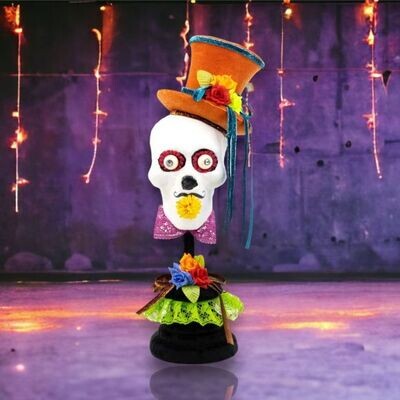 21&quot; Day Of The Dead Skeleton With Orange Hat on Pedestal Halloween Decor  *SHIPS WITHIN 10 DAYS* NEW 2024