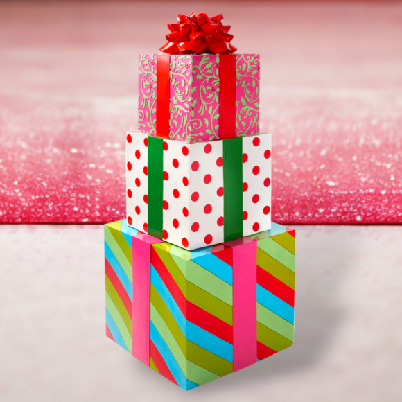 Set 3 Stacked Bright Gift Boxes Christmas Decor *SHIPS WITHIN 15 DAYS*