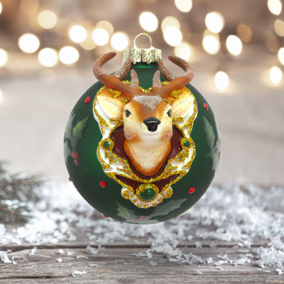 Green With Deer Head Ornaments Set Of 2 Christmas Decor *SHIPS WITHIN 15 DAYS*