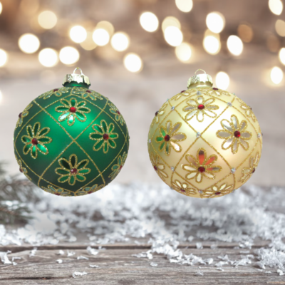 Gold/Green Flower Ornaments Set Of 4 Christmas Decor *SHIPS WITHIN 10 DAYS*