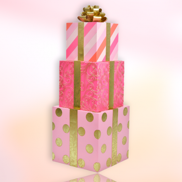 Stacked Pink/Gold Presents With Gold Bow Christmas Decor *SHIPS WITHIN 15 DAYS*