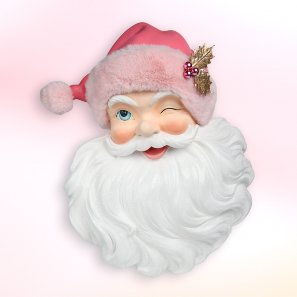 26&quot; Vintage Retro Santa Head With Pink Fur Hat Wall Decor Christmas Decor *SHIPS WITHIN 15 DAYS*