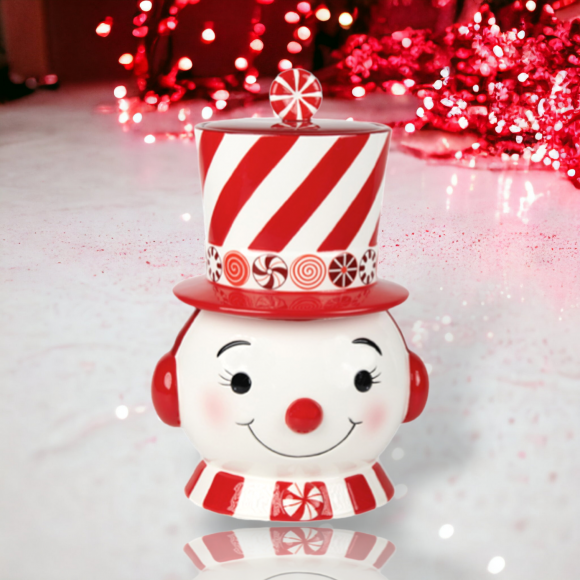 Peppermint Snowman Cookie Jar Christmas Decor *SHIPS WITHIN 15 DAYS*